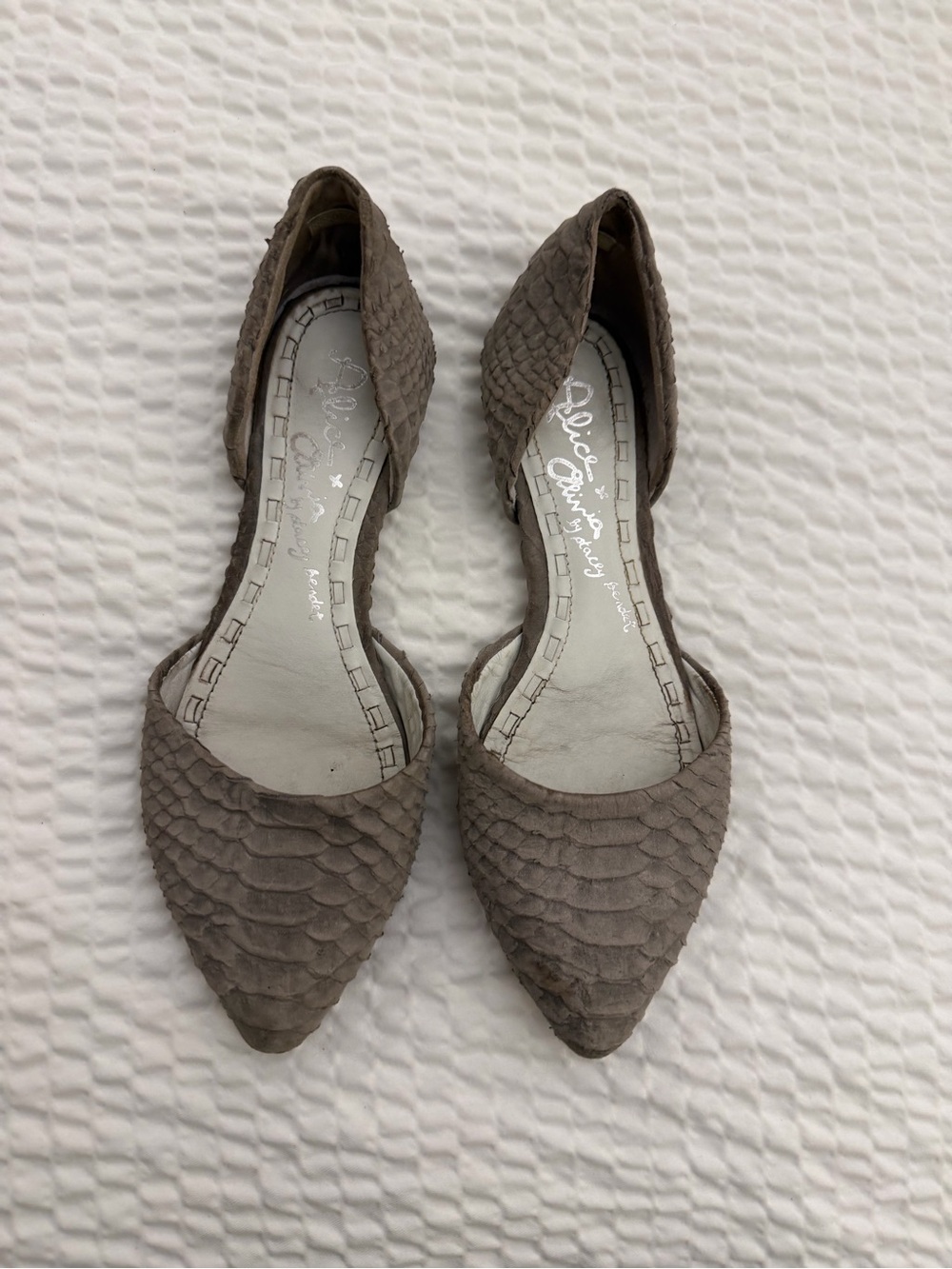 Alice + Olivia Hilary Snake Embossed Lambskin Leather d'Orsay Flats Shoes Gray